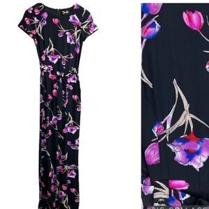 Yumi Kim black floral 100% silk belted short sleeve wide leg jumpsuit XS NEW